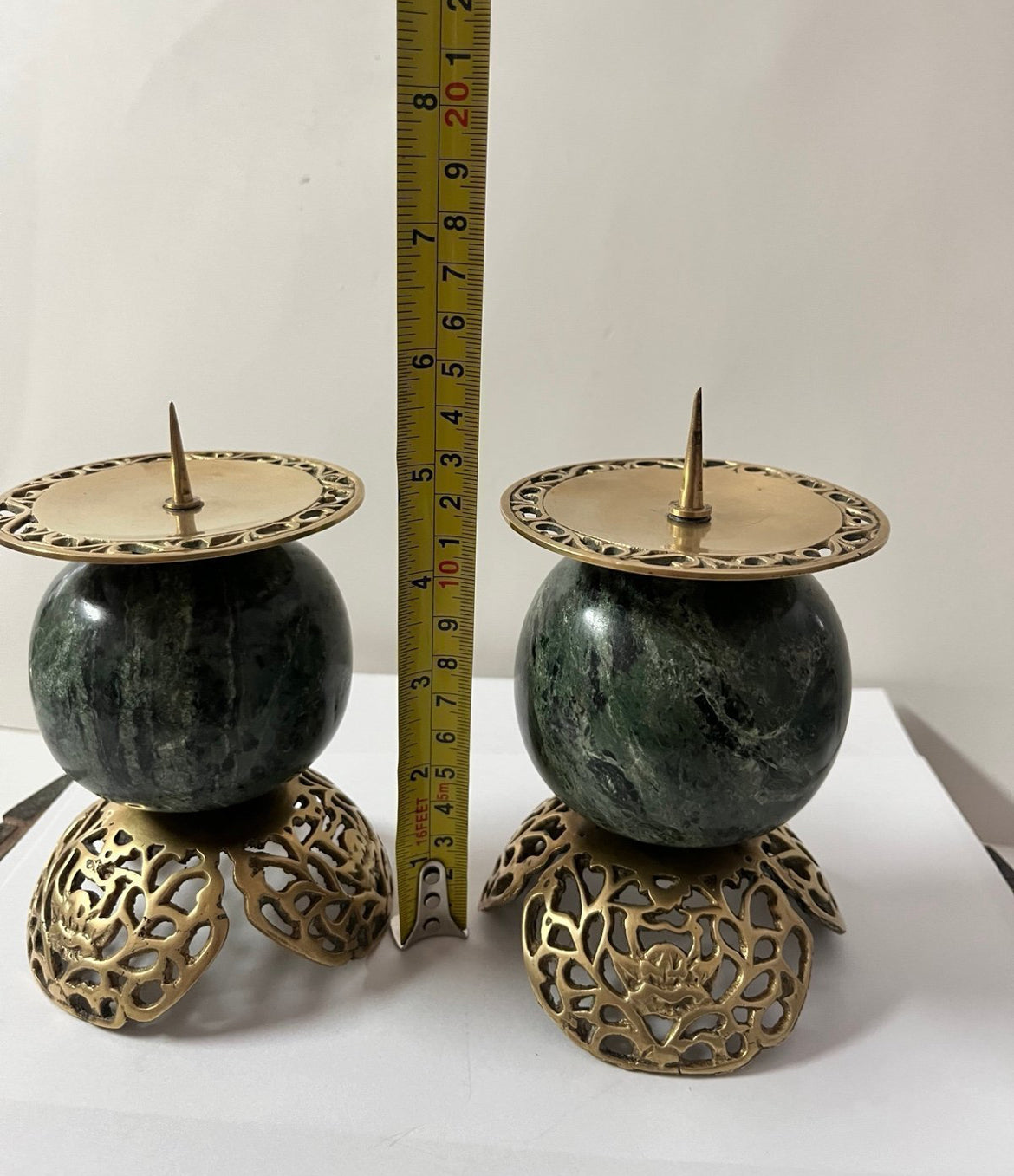 Vintage Dark Green Marble and Bronze Filigree Candle Holders - Finest Antique