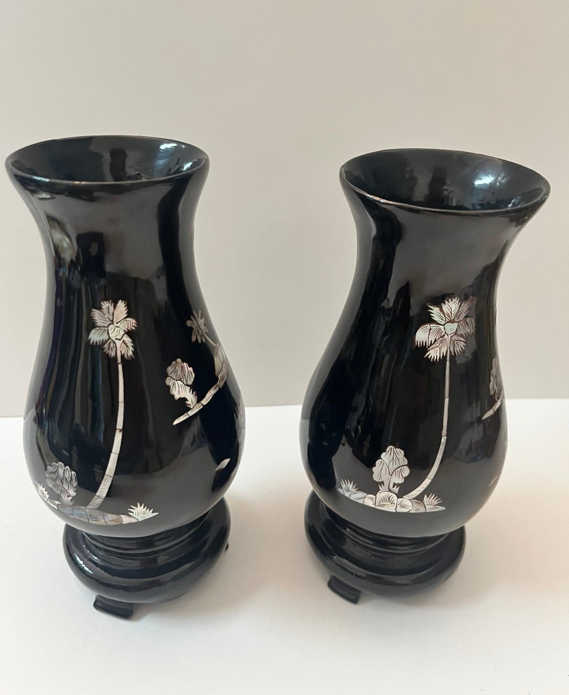 Vintage Japanese Lacquered Mother-of-Pearl Inlay Musical Jewelry Box and Vases - Finest Antique