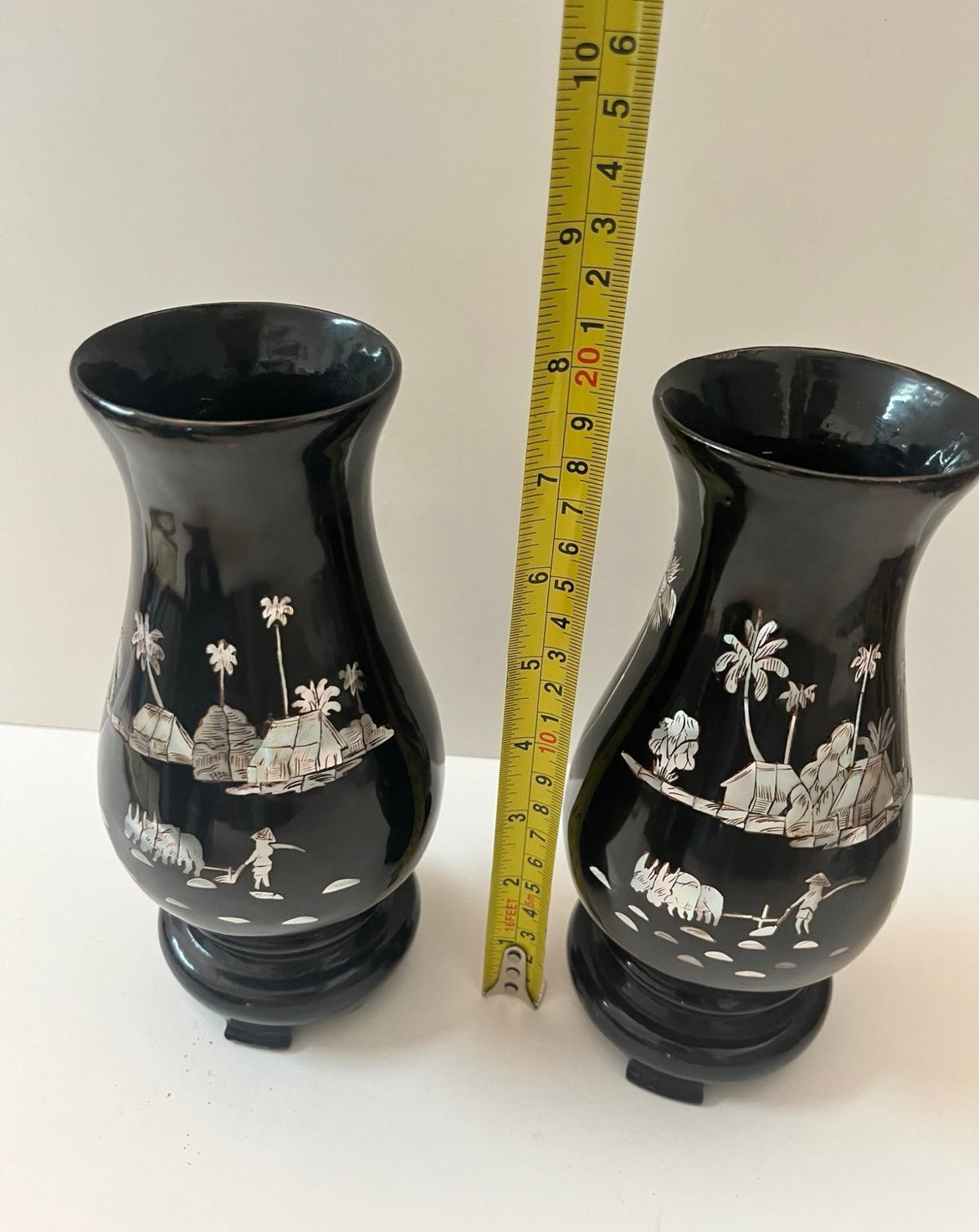 Vintage Japanese Lacquered Mother-of-Pearl Inlay Musical Jewelry Box and Vases - Finest Antique