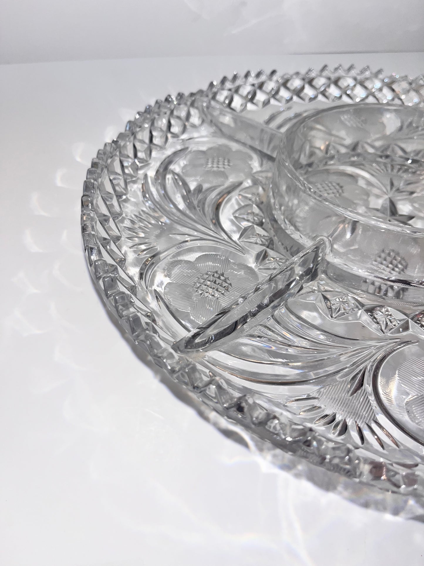 Vintage Lead Crystal Serving Bowl with Intricate Cut Design - Finest Antique