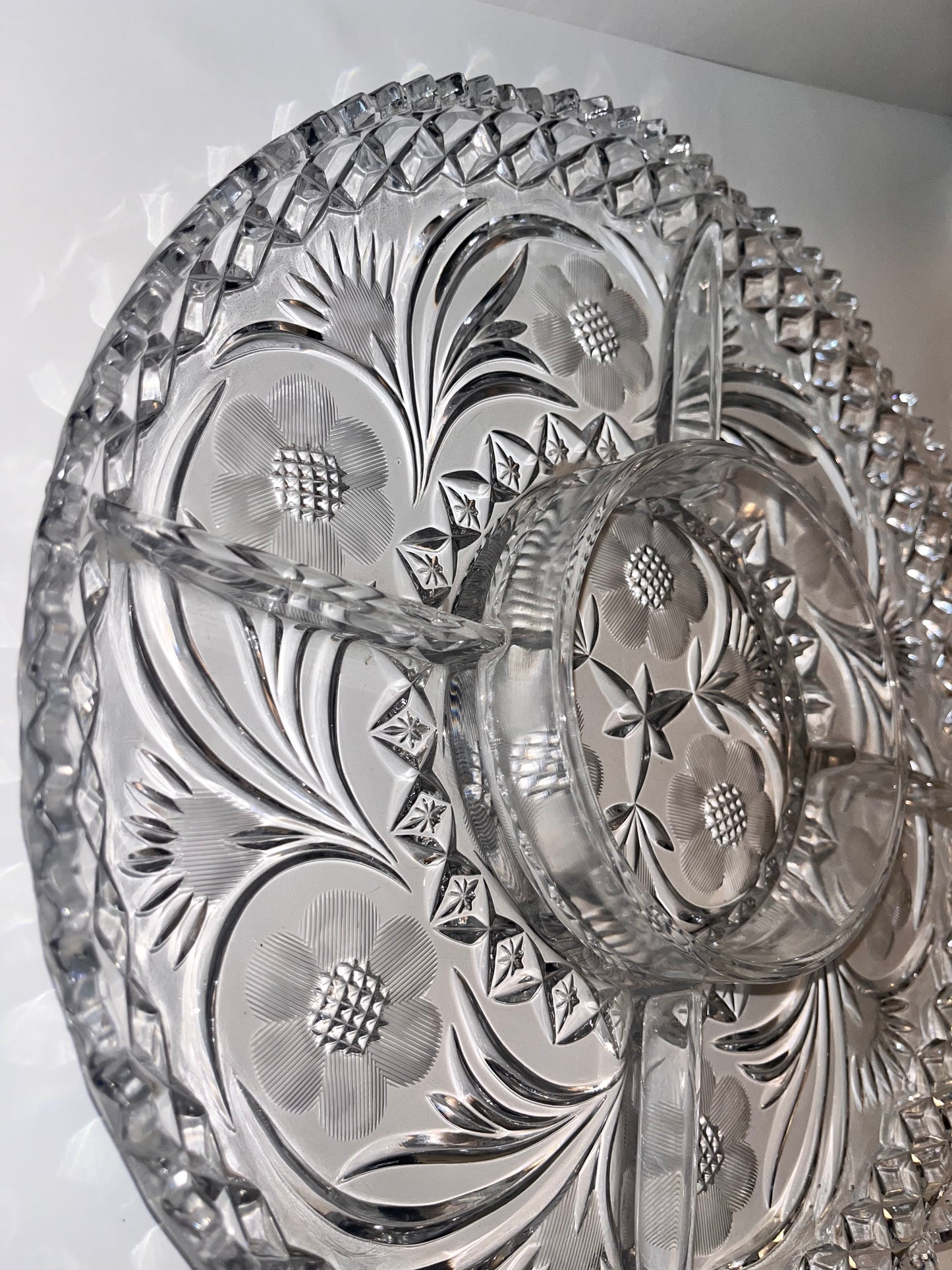Vintage Lead Crystal Serving Bowl with Intricate Cut Design - Finest Antique