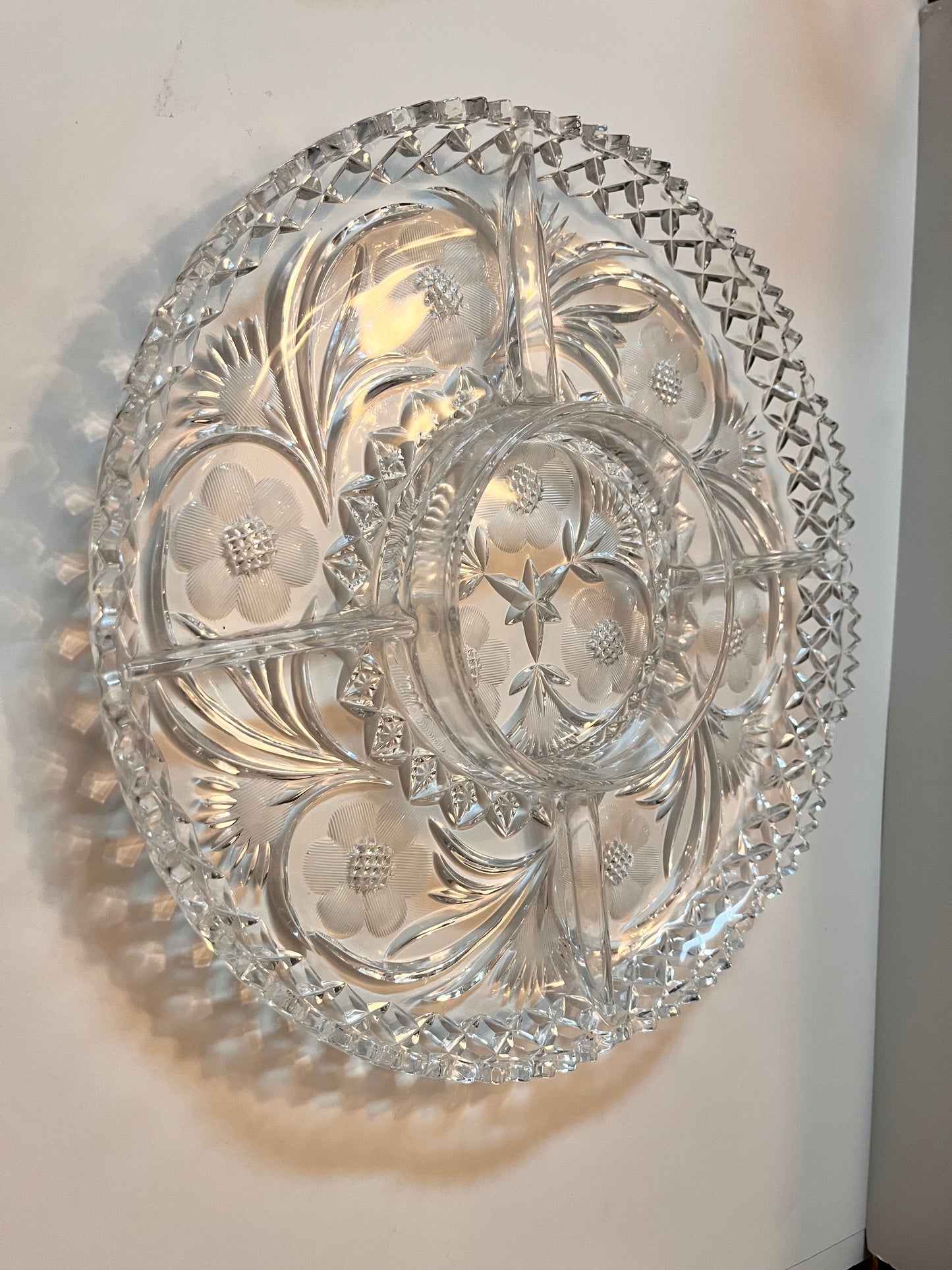 Vintage Lead Crystal Serving Bowl with Intricate Cut Design - Finest Antique