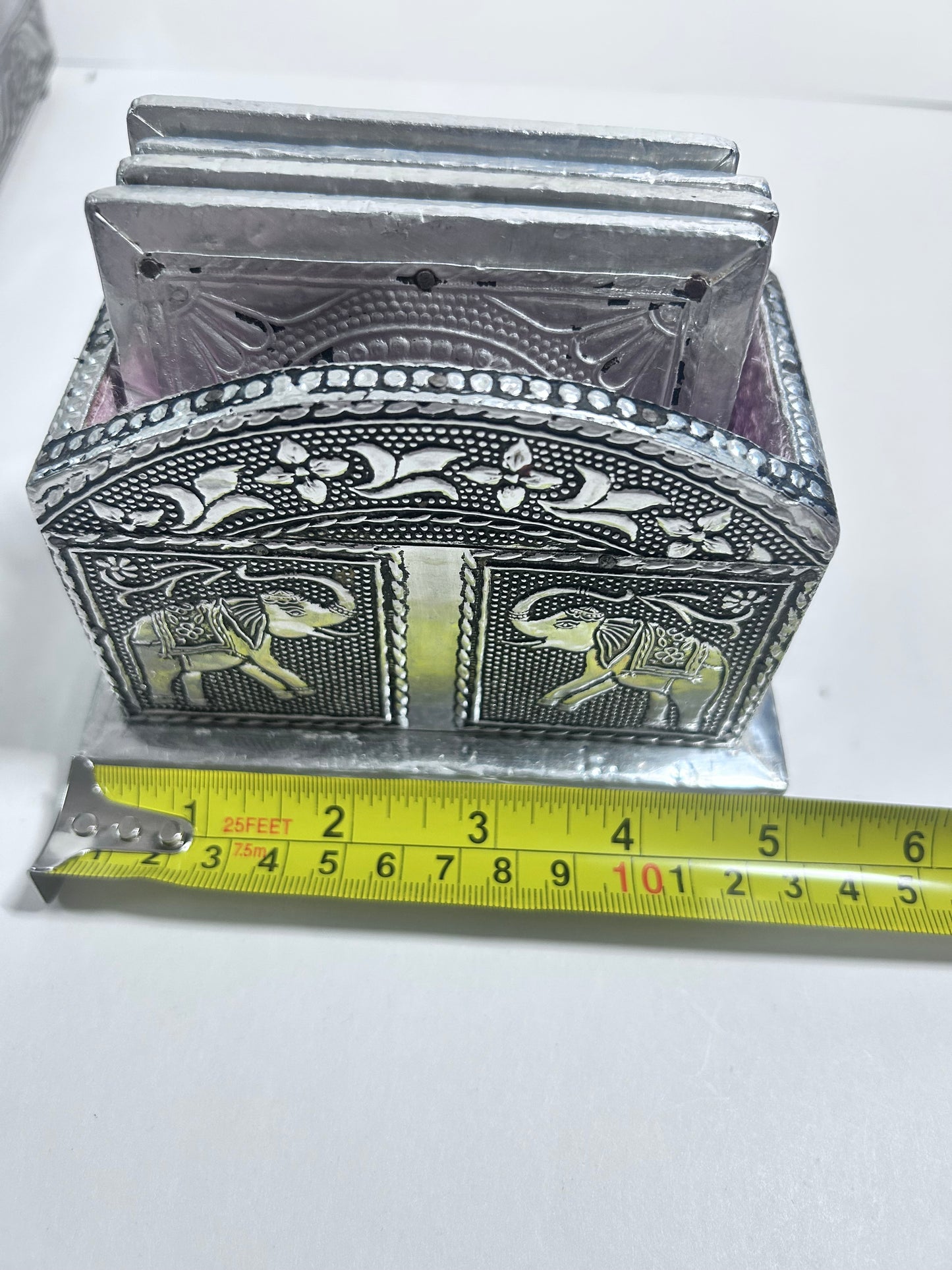 Vintage 4-Piece Handcrafted Embossed Silver Vanity & Jewelry Box Set w/ Coasters