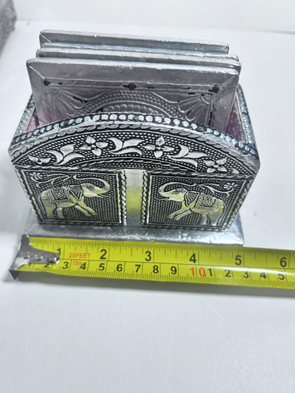 Vintage 4-Piece Handcrafted Embossed Silver Vanity & Jewelry Box Set w/ Coasters