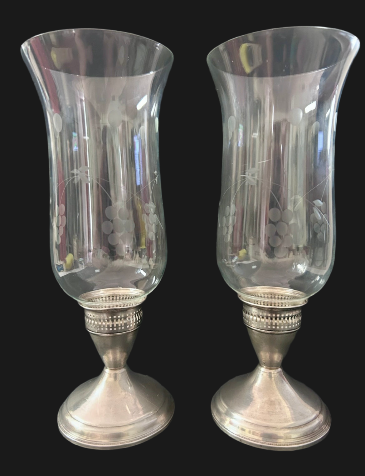 Vintage Duchin Creation Sterling Silver Weighted Candlestick with Etched Glass Hurricane Shades