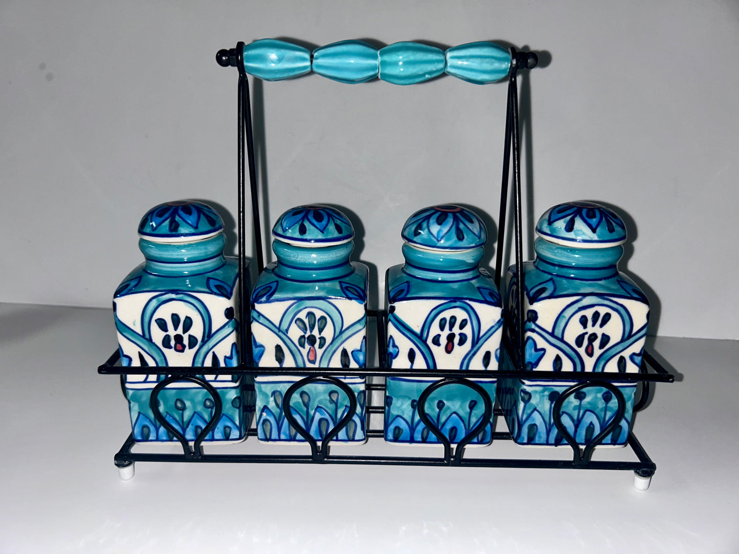 Artisan Hand-Painted Blue & White Indian Ceramic Spice Jar Set (4 Jars) w/ Metal Caddy