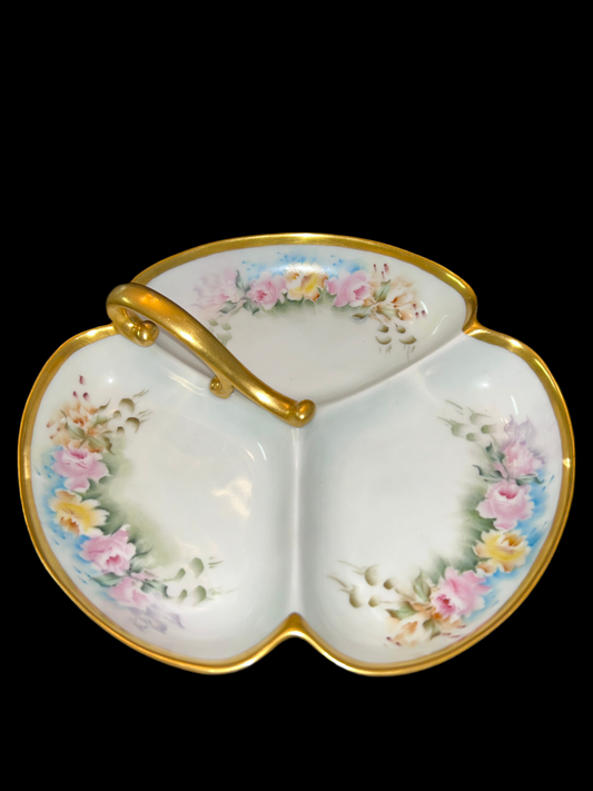 Antique Prussia Signed R.S. Germany Hand Painted Floral Three-Part Serving Dish