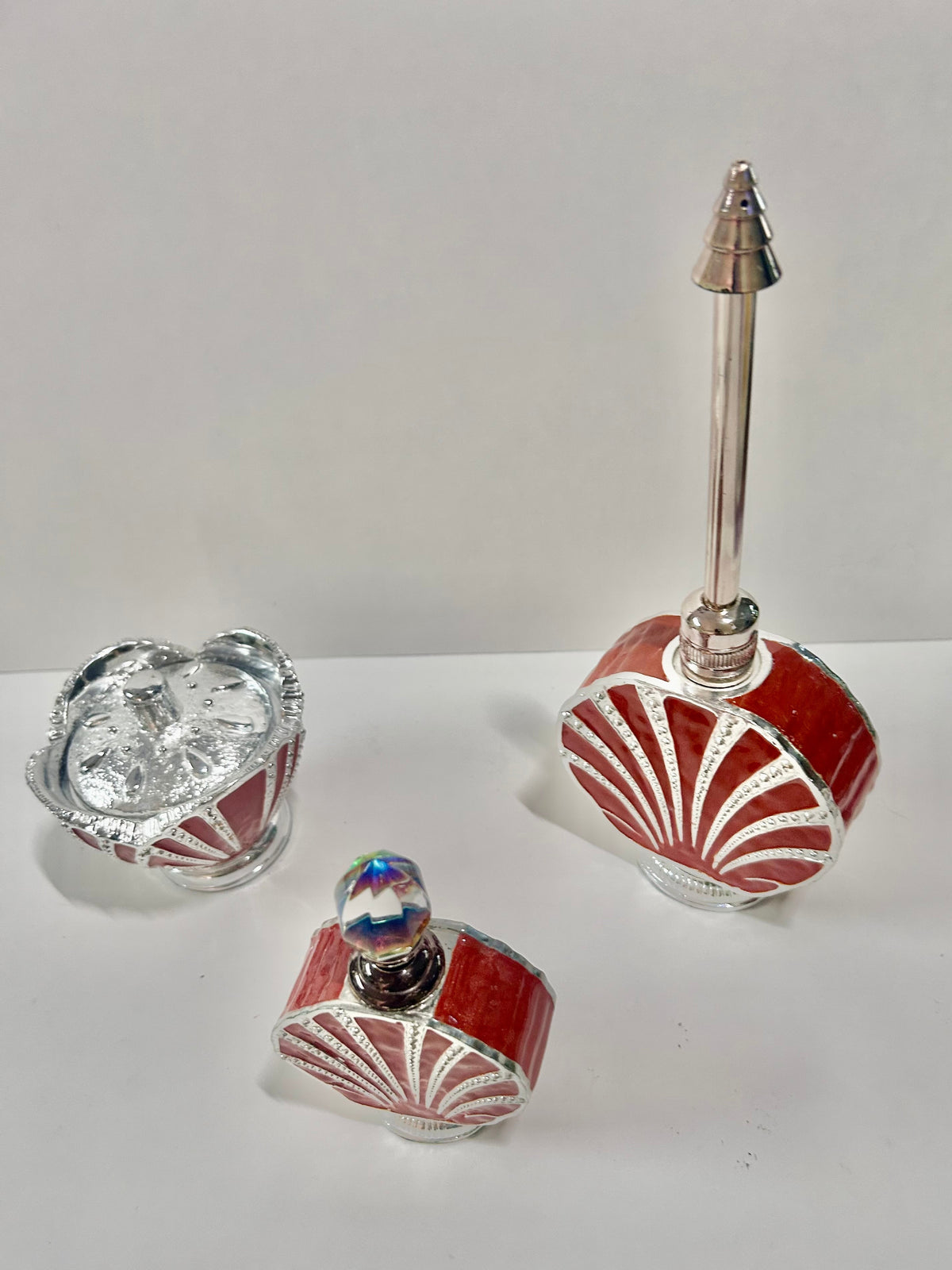 Vintage 3-Piece Red Enamel & Silver-Tone Shell Vanity Set - Perfume Sprinkler, Powder Jar & Dabber Bottle
