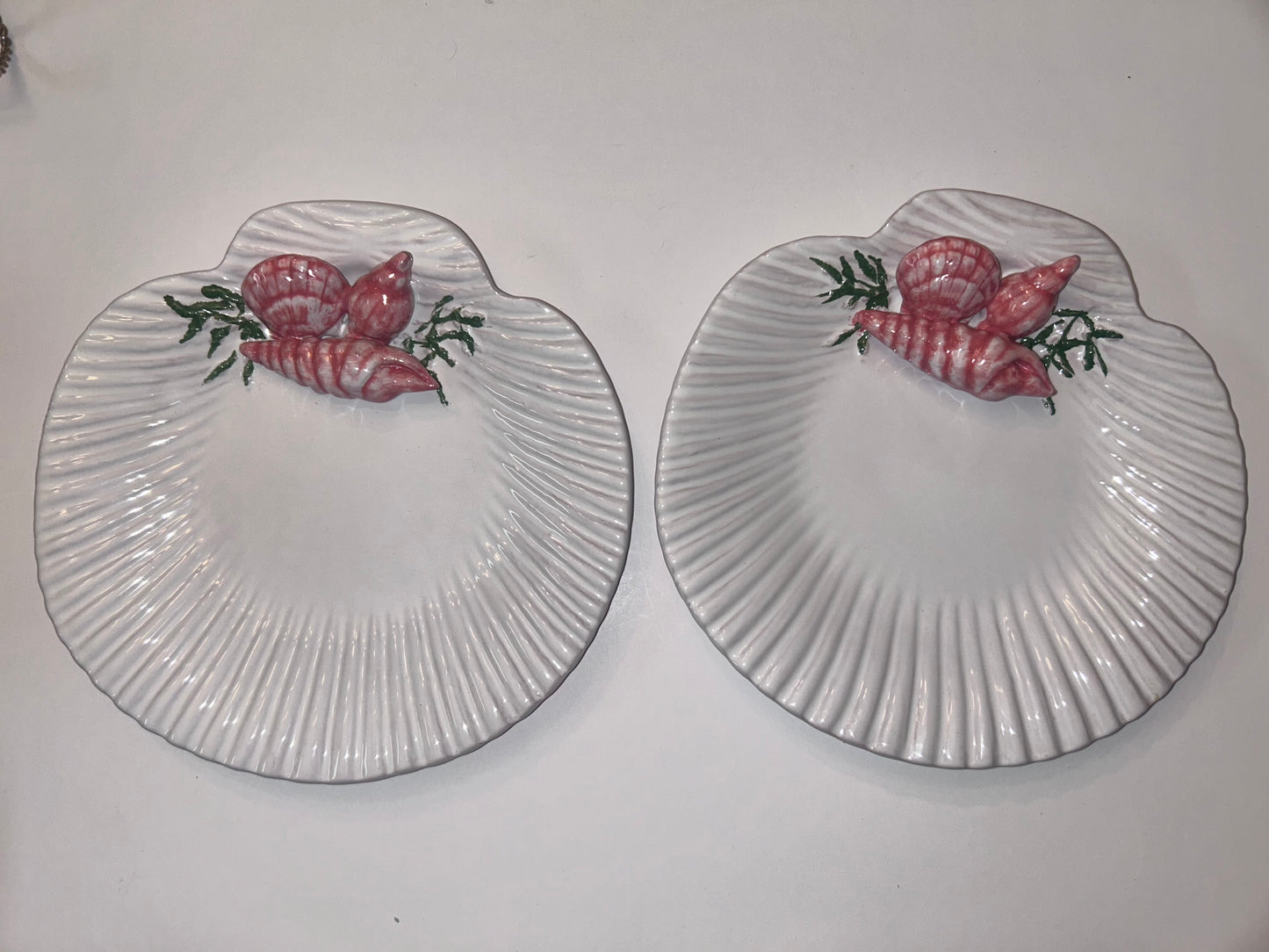 Pair Vtg Portuguese MAJOLICA Scallop Shell Plates, 3D Pink Shrimp Relief