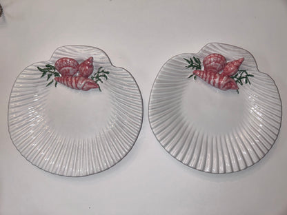 Pair Vtg Portuguese MAJOLICA Scallop Shell Plates, 3D Pink Shrimp Relief