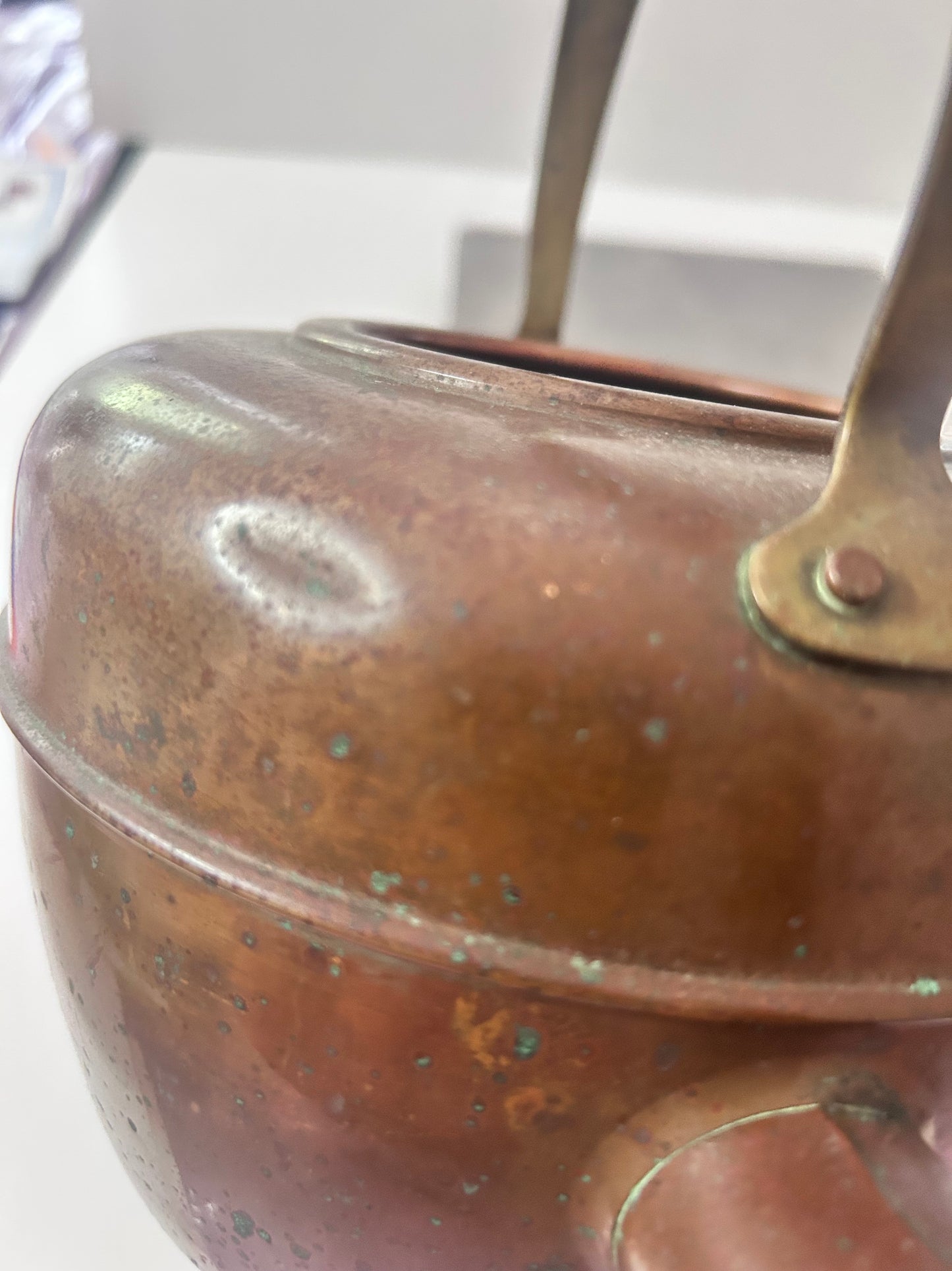 Antique English Copper Tea Kettle - c. 1920s - Gooseneck Wood Handle & Patina - Large