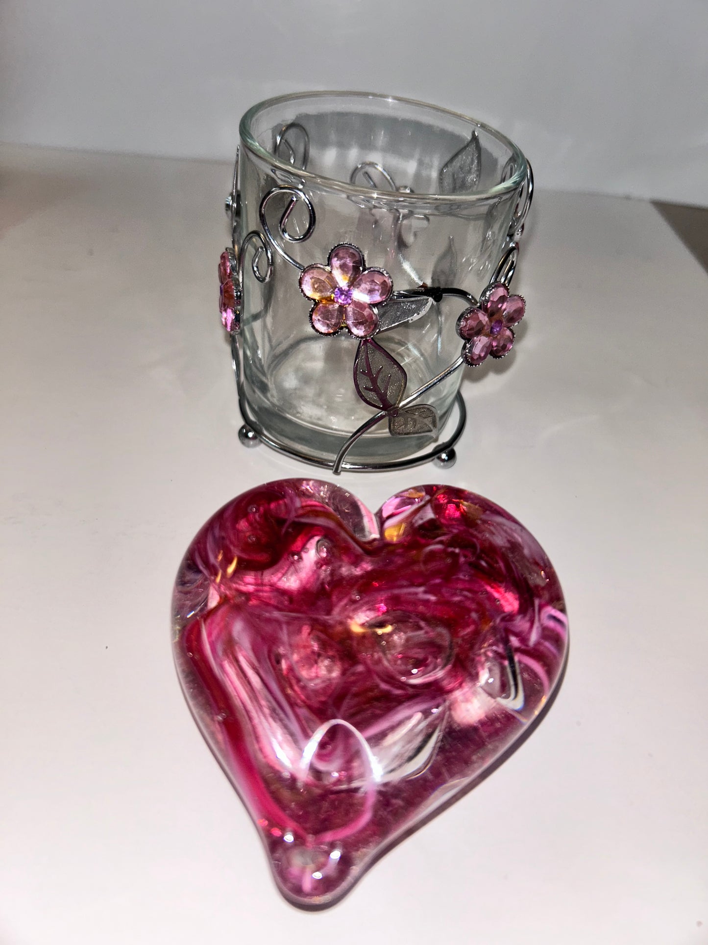 Vintage Signed Pink Swirl Glass HeartPaperweight & Floral Gem Votive
