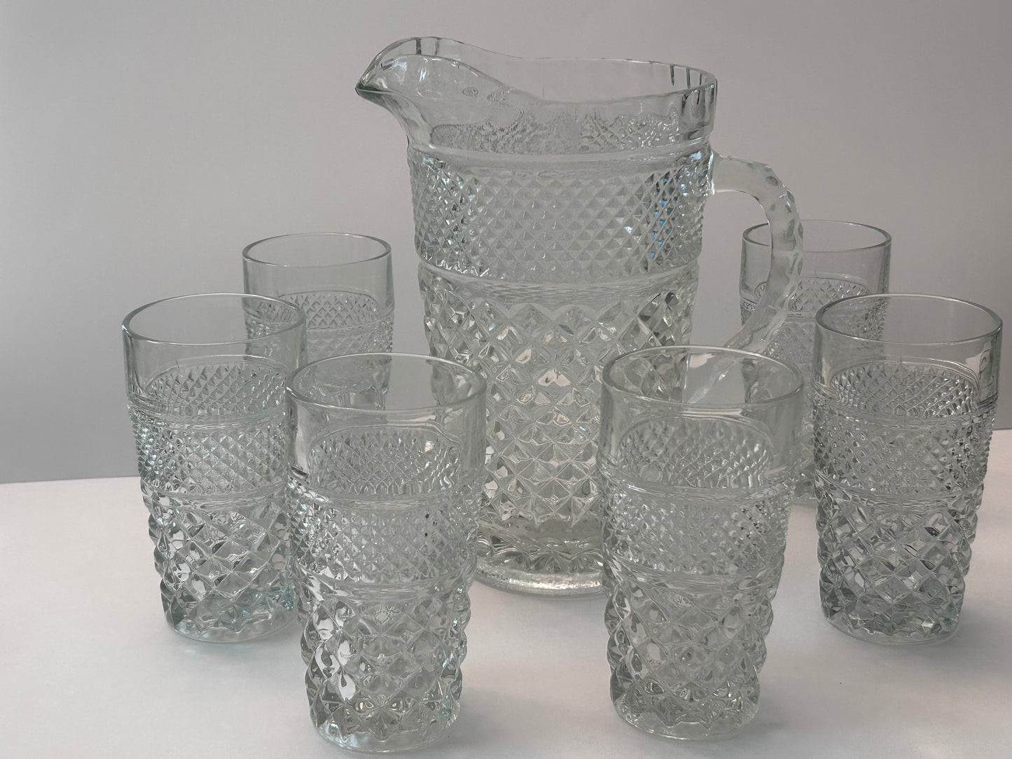 Vintage Anchor Hocking Wexford Diamond Cut Clear Glass Pitcher and 6 Tumblers Set