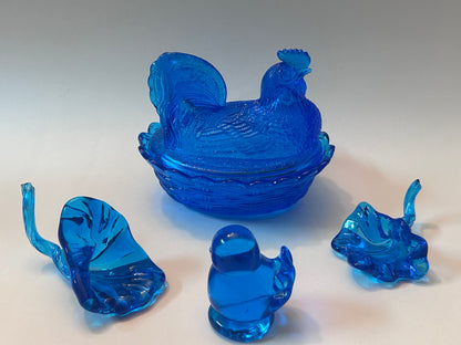 Vintage Hand Blown Glass Art Rooster on Nest Dish and Figurine Set