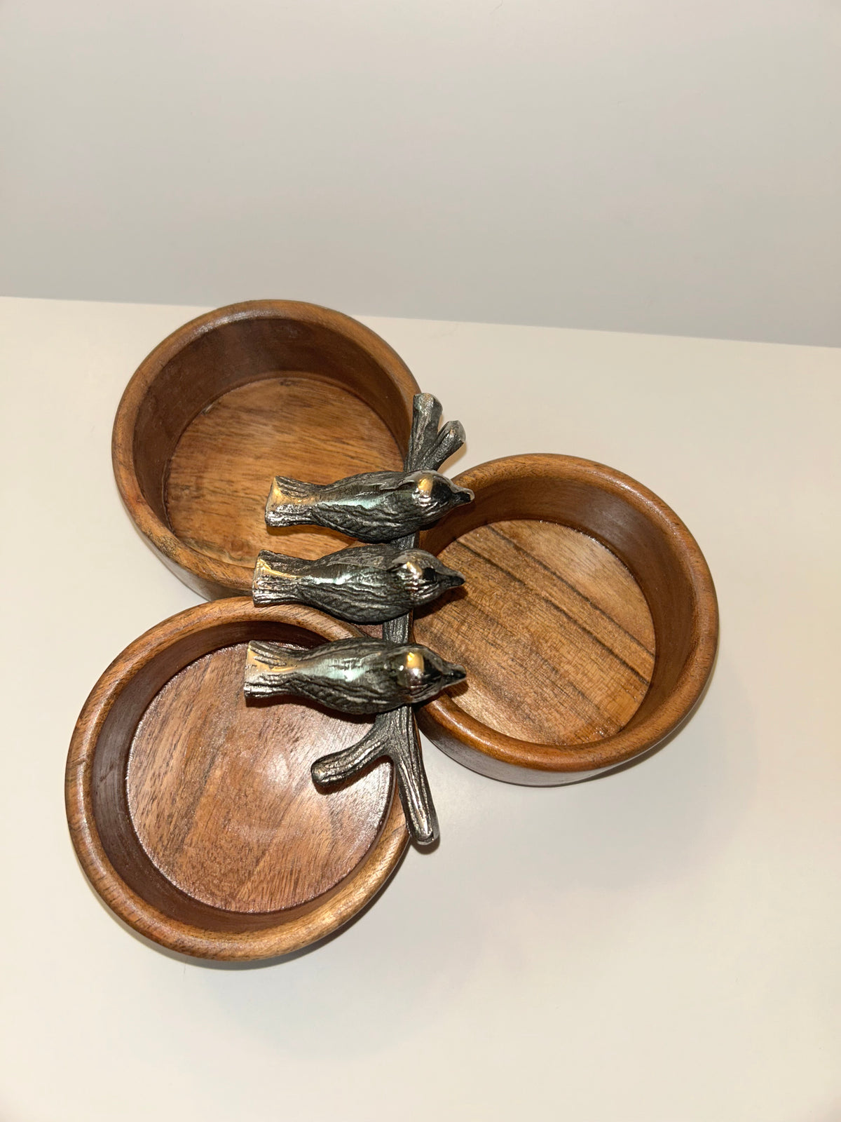 Charming Handcrafted Wooden Condiment Snack Bowls with Pewter Bird Accents