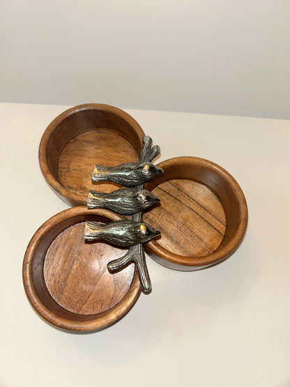Charming Handcrafted Wooden Condiment Snack Bowls with Pewter Bird Accents