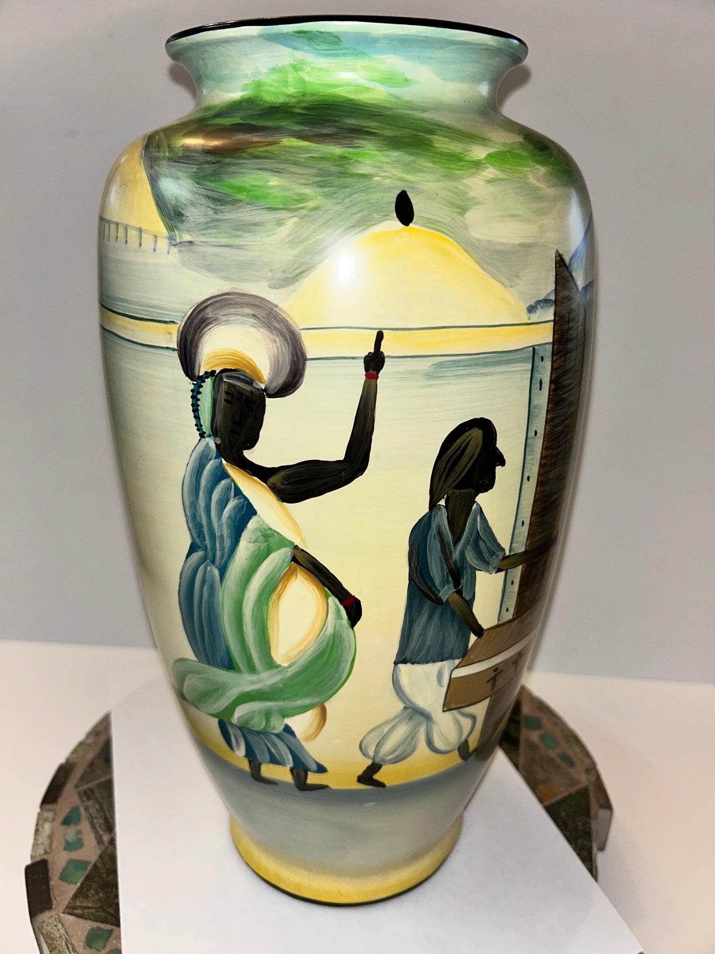 Barrington Collection 14" Hand-Painted Ceramic Vase - African Village Narrative Scene 14
