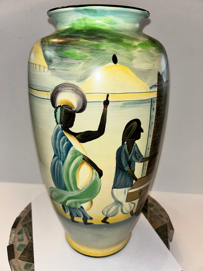 Barrington Collection 14" Hand-Painted Ceramic Vase - African Village Narrative Scene 14
