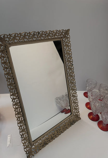 9-Pc Hollywood Regency Ruby Cut-to-Clear Decanter & Ormolu Mirrored Tray Set