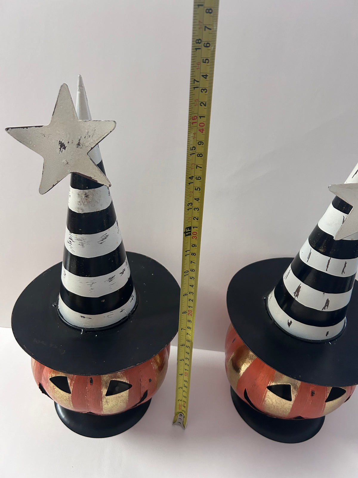 Pair of Metal Jack O Lantern Figurines With Black & White Hat & Led Lights