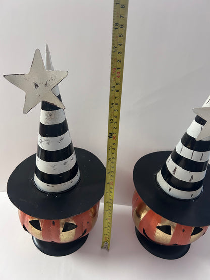 Pair of Metal Jack O Lantern Figurines With Black & White Hat & Led Lights