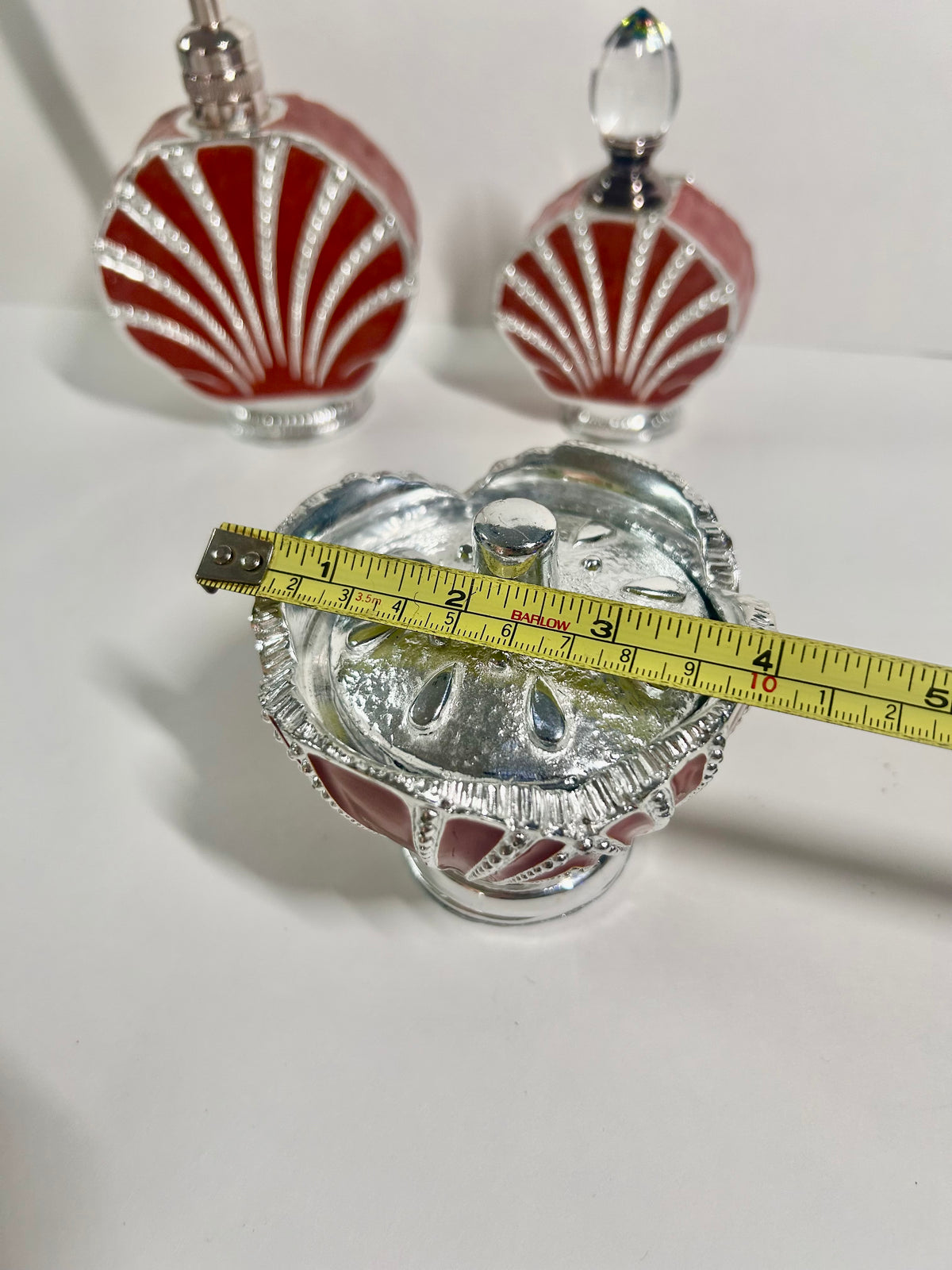 Vintage 3-Piece Red Enamel & Silver-Tone Shell Vanity Set - Perfume Sprinkler, Powder Jar & Dabber Bottle