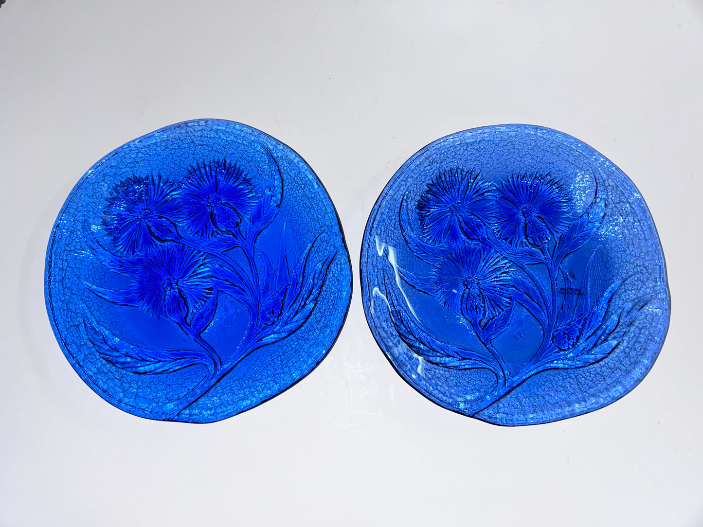 Pair of Hand Crafted Art Glass Cobalt Thistle Motif Plates/- Signed "TD" (8.5”)