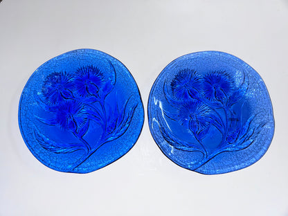 Pair of Hand Crafted Art Glass Cobalt Thistle Motif Plates/- Signed "TD" (8.5”)