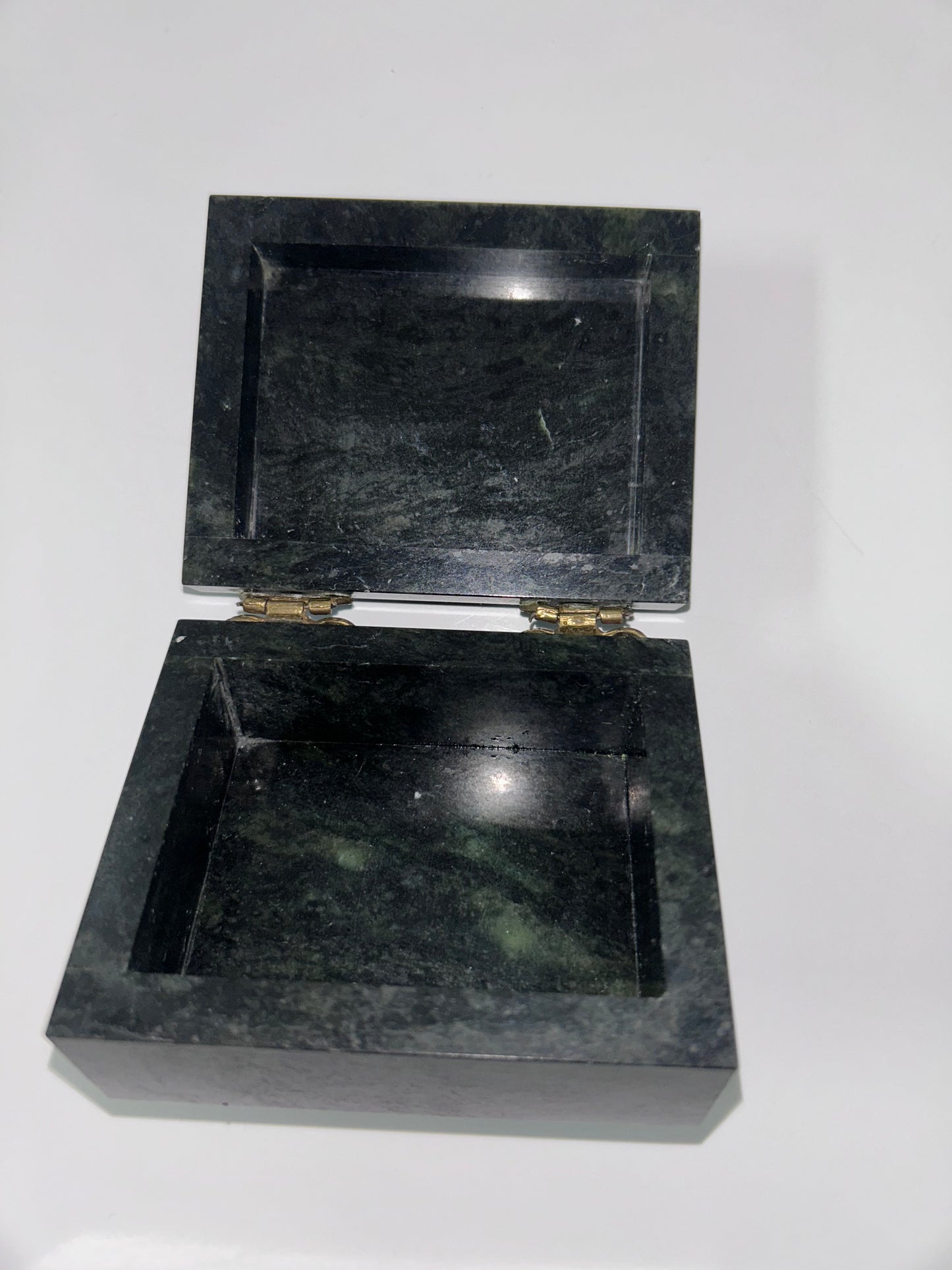 Vintage Russian Green Ural Serpentine Small Trinket Mosaic Hinged Casket - Birch Tree Scene