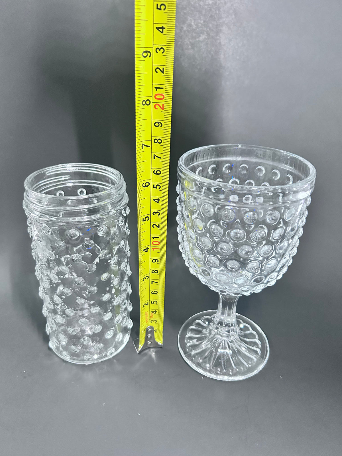 Clear Hobnail Glassware 4-Piece Set - Goblet, Tumbler with Glass Straw, Teacup & Saucer - Made in Portugal