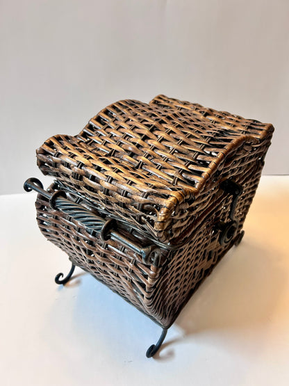Vintage Woven Wicker Chest with Wrought Iron Scroll Feet & Twisted Metal Handles