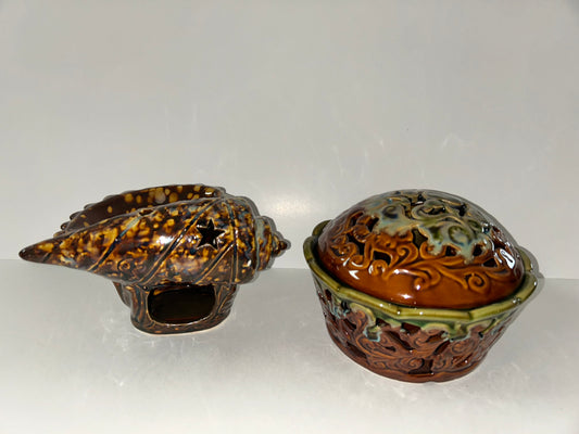 Vintage Glazed Ceramic Oil Warmers - Seashell & Pierced Floral Designs
