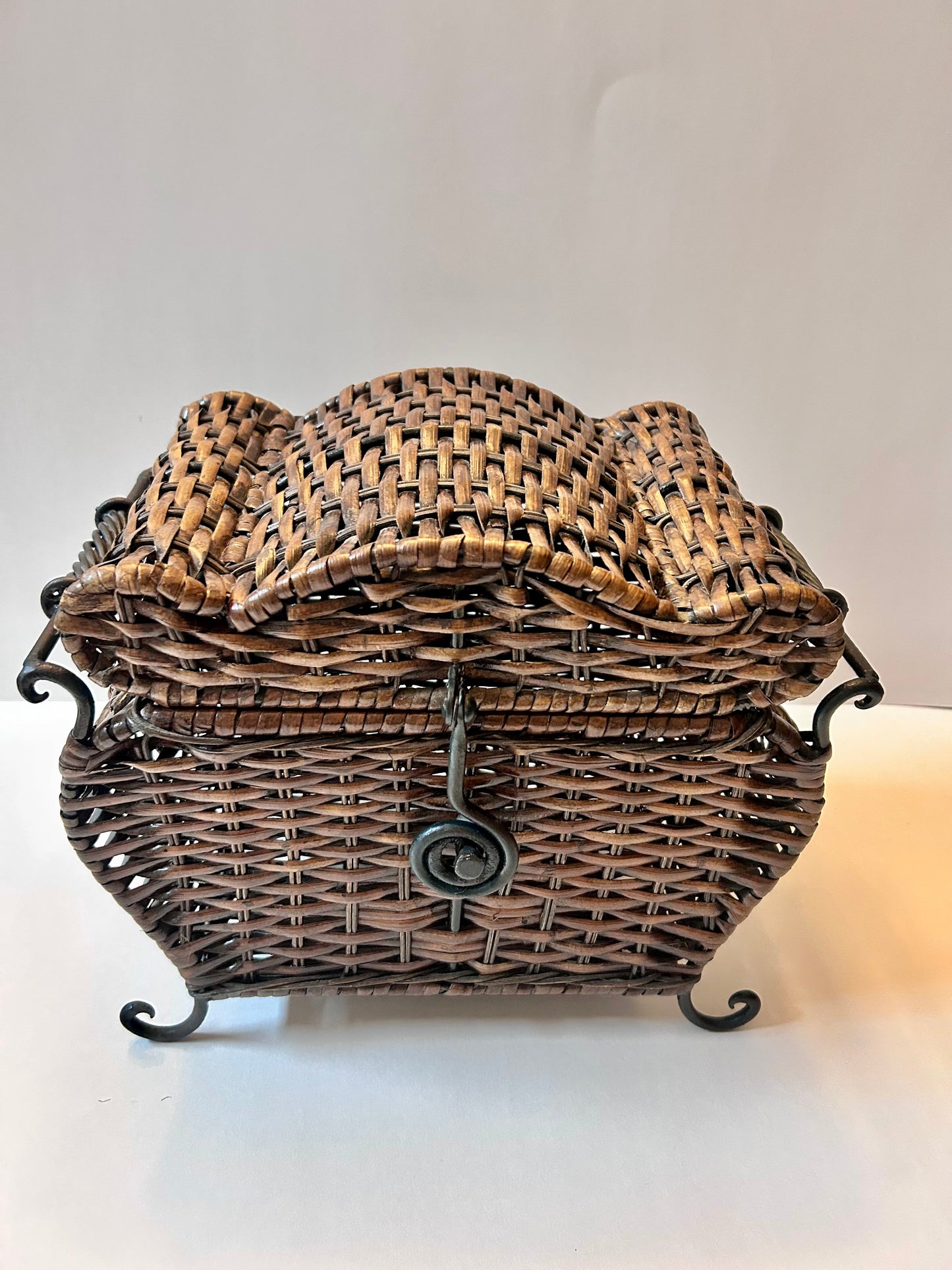 Vintage Woven Wicker Chest with Wrought Iron Scroll Feet & Twisted Metal Handles
