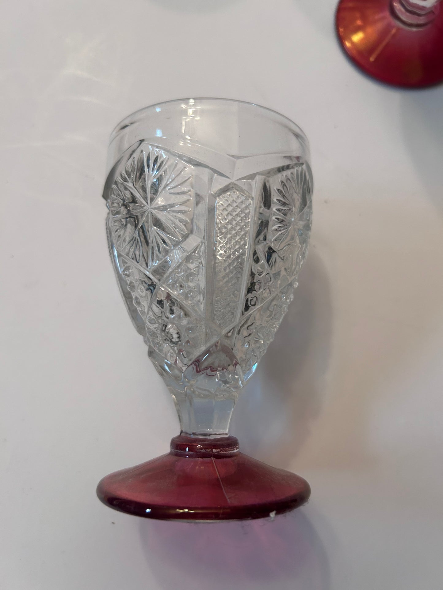 9-Pc Hollywood Regency Ruby Cut-to-Clear Decanter & Ormolu Mirrored Tray Set