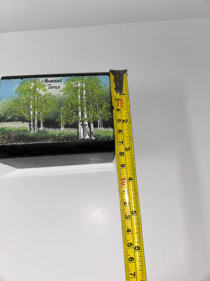 Vintage Russian Green Ural Serpentine Small Trinket Mosaic Hinged Casket - Birch Tree Scene