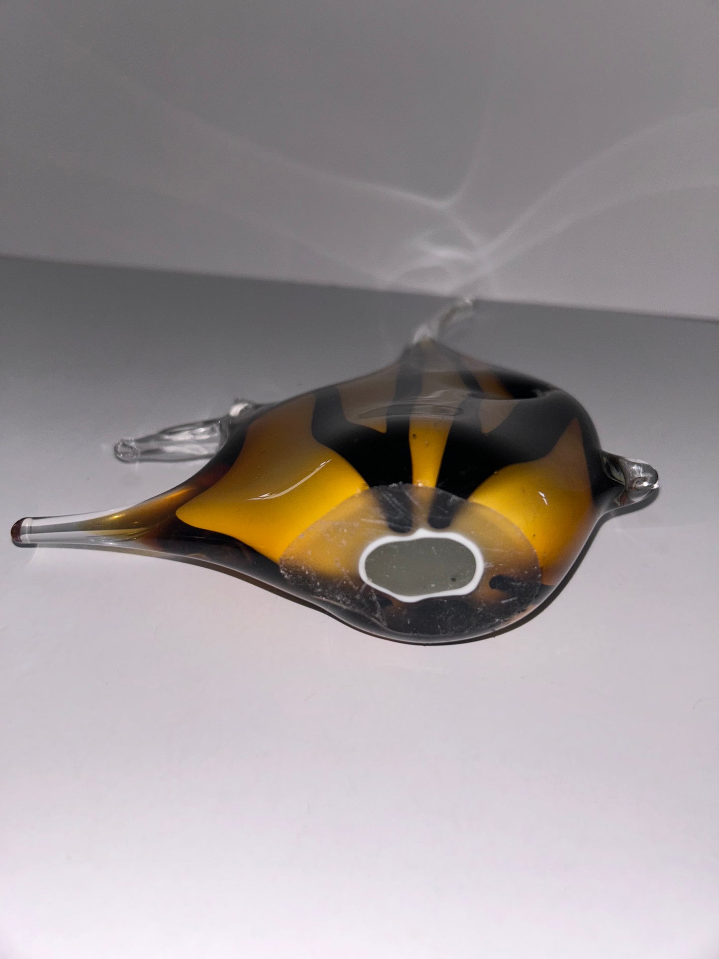 Magnificent Mid-Century Modern Amber & Black Striped Hand Blown Art Glass Angelfish 
Sculpture - Murano Style