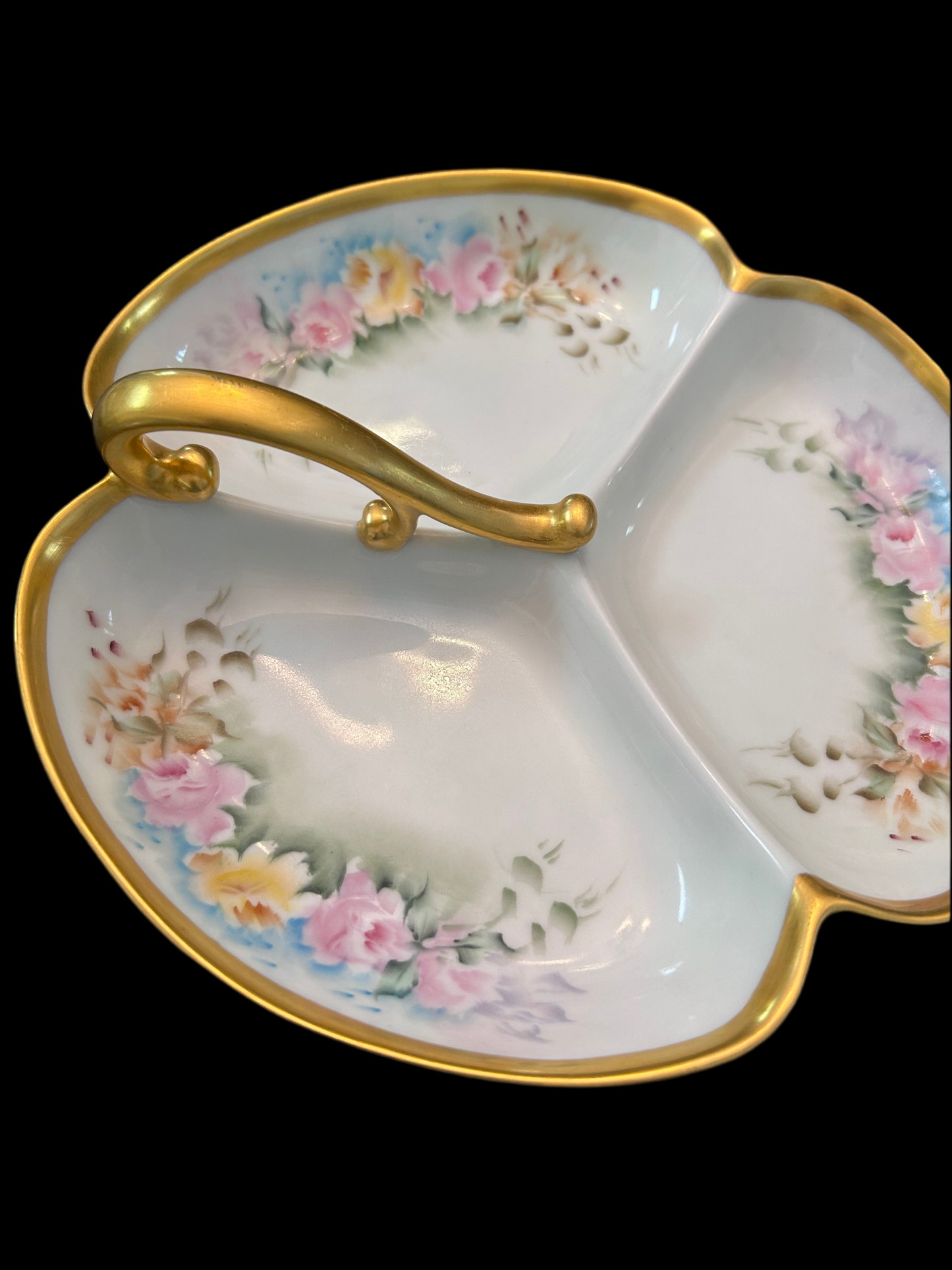 Antique Prussia Signed R.S. Germany Hand Painted Floral Three-Part Serving Dish