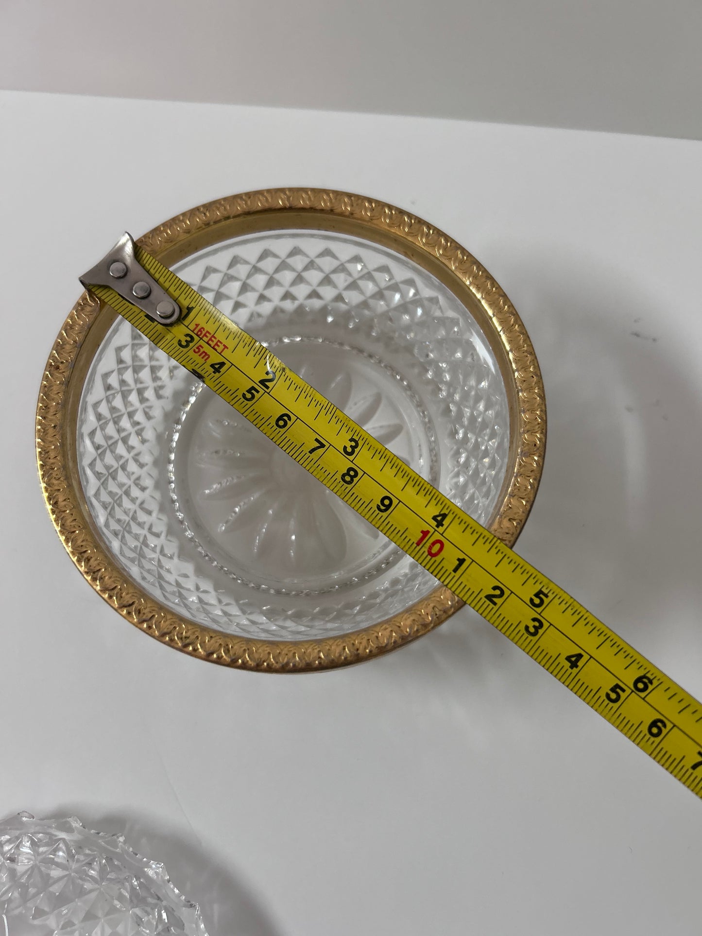 Vintage Baccarat Style Diamond Cut Crystal (4.5”) Candy Dish/ Powder Box with Gilt Bronze Rim