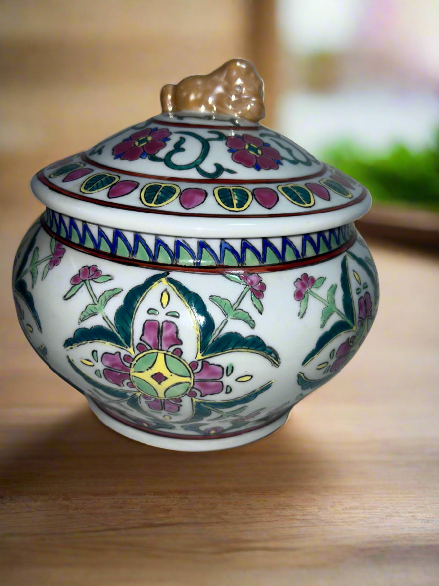 Antique Chinese Famille Rose (8”)Porcelain Covered Bowl with Foo Dog Finial
