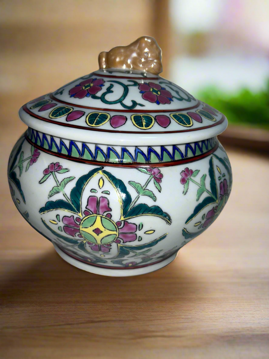 Antique Chinese Famille Rose (8”)Porcelain Covered Bowl with Foo Dog Finial