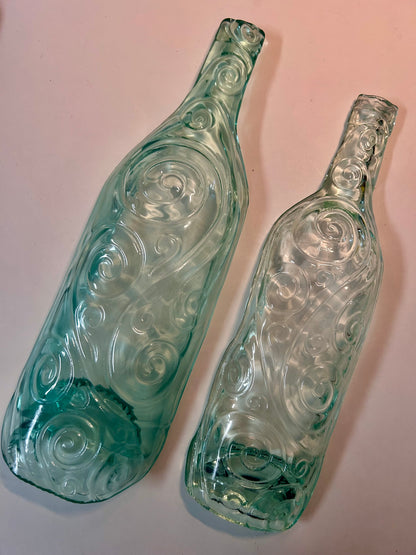 Pair of Melted / Slumped Glass Wine Bottle Serving Dishes with Embossed Swirl Pattern ( L- M Size)