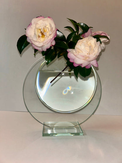 Unique Vintage Sculptural Green-Tint Art Glass "Floating Orbit" Vase (8.25”)Modernist Art Piece