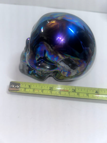 Title: 4-Piece Iridescent Halloween Decor Set:
Ceramic Skull & Pumpkin with Glass Pillar Candle Holders