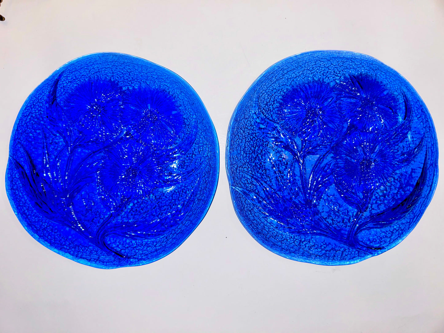 Pair of Hand Crafted Art Glass Cobalt Thistle Motif Plates/- Signed "TD" (8.5”)