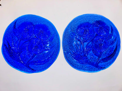Pair of Hand Crafted Art Glass Cobalt Thistle Motif Plates/- Signed "TD" (8.5”)