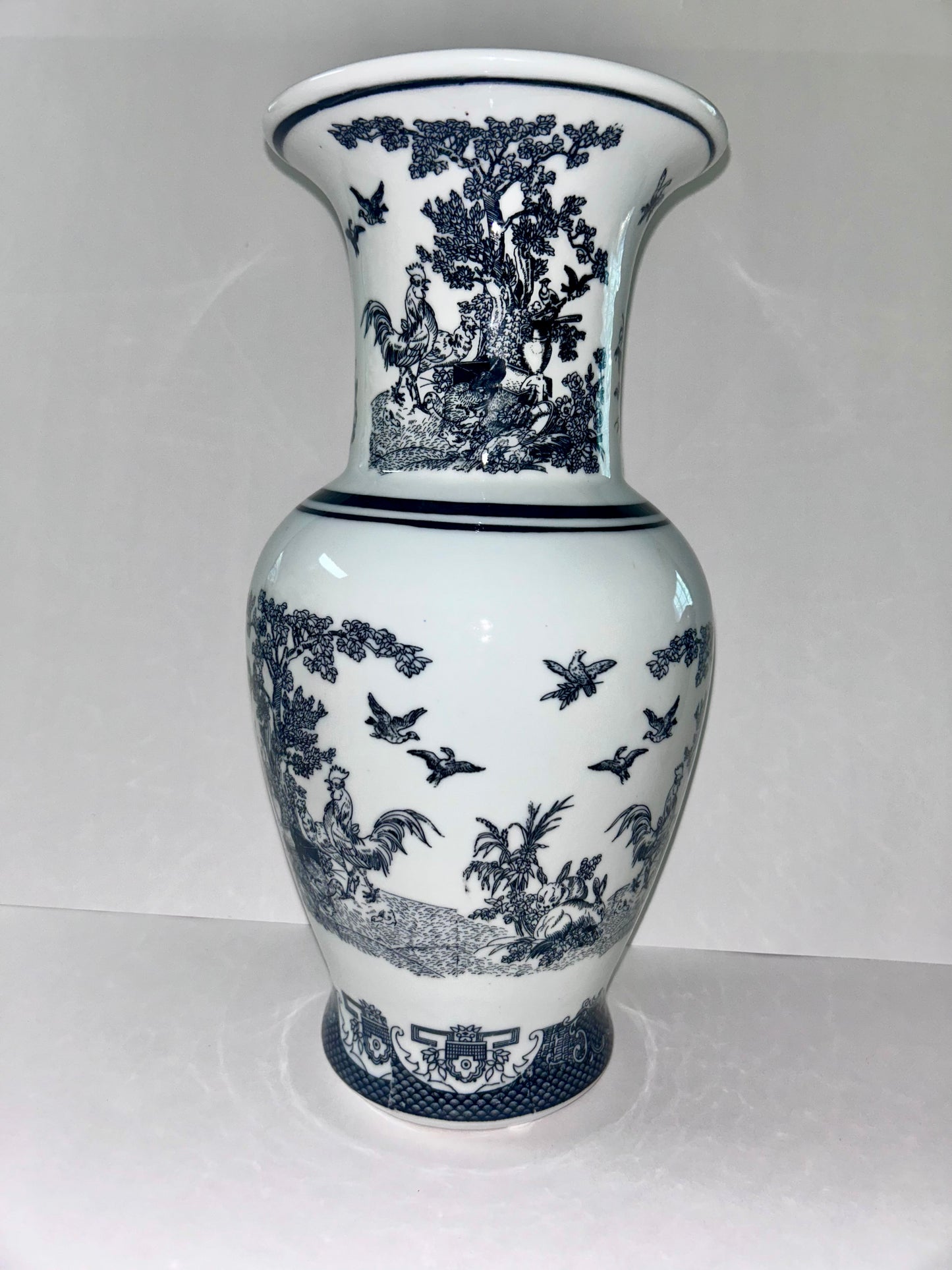 Vintage Black and White Porcelain Chinoiserie Vase - Rooster, Hen, & Rabbit Motif (14”)