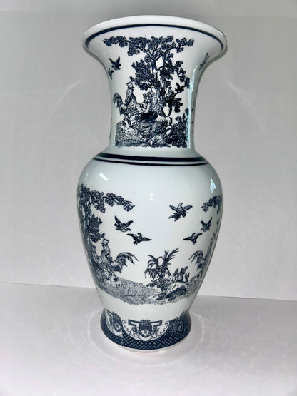 Vintage Black and White Porcelain Chinoiserie Vase - Rooster, Hen, & Rabbit Motif (14”)