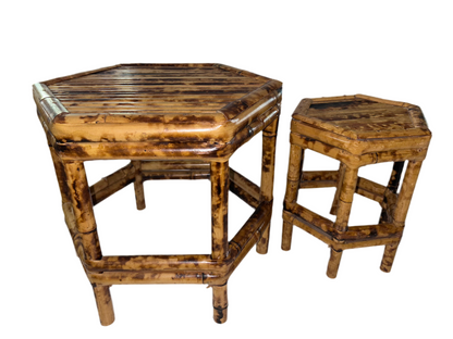 Vintage Burnt Bamboo Hexagonal Plant Stands Nesting Table Raisers (Set of 2)