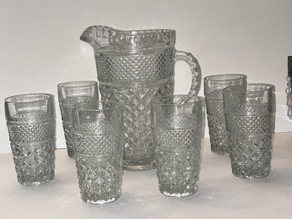 Vintage Anchor Hocking Wexford Diamond Cut Clear Glass Pitcher and 6 Tumblers Set