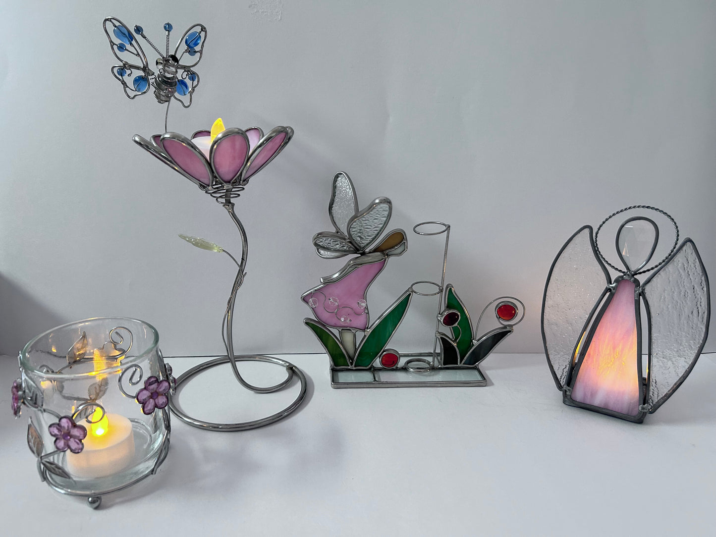 Vintage Stained Glass Candle Holder Lot (Set of 4) - Pink Flower with Blue Butterfly, Angel, Fairy Garden & Jeweled Votive Cup